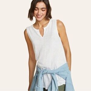 Eddie Bauer Women's Gate Check Sleeveless Split Neck Tunic White 2XL